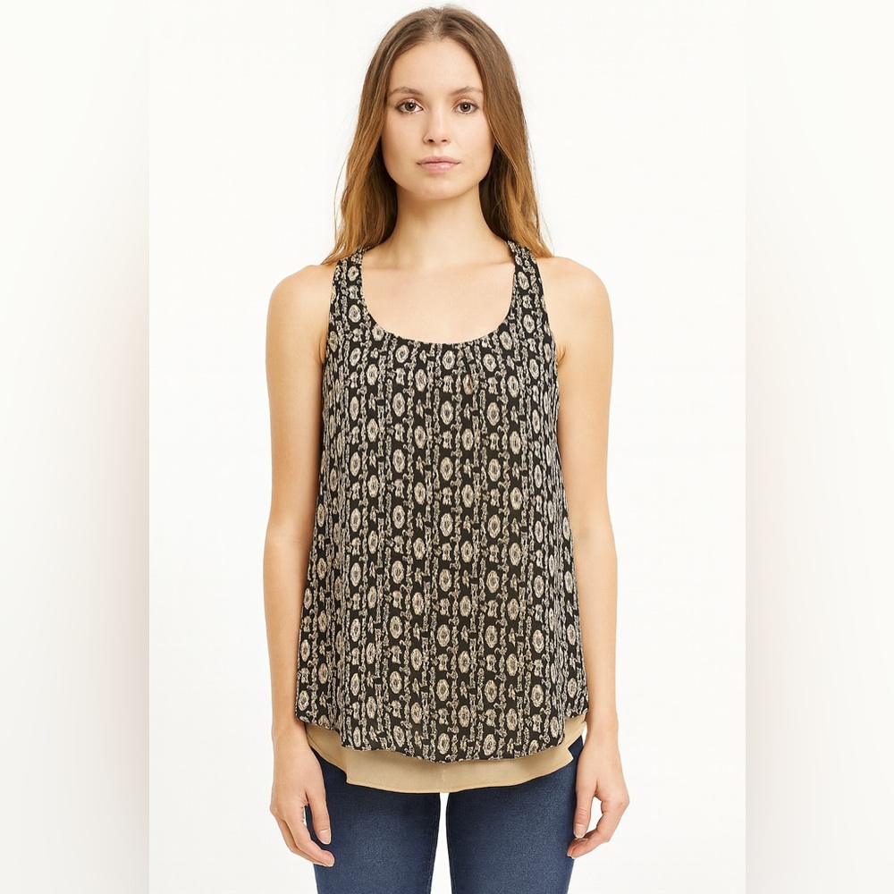 MAURICES Double Layer Sheer Tank Top Blouse Black Tan Overlay Womens M
